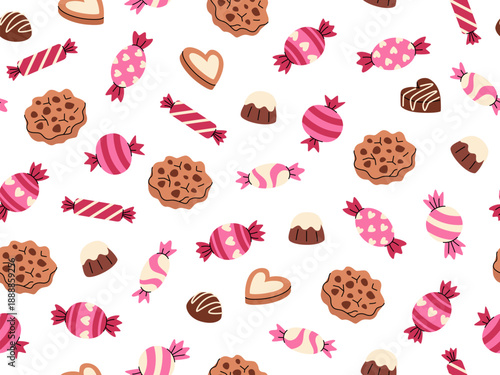 Candy and cookie seamless pattern. Vector sweets repeating background for Valentine's Day.