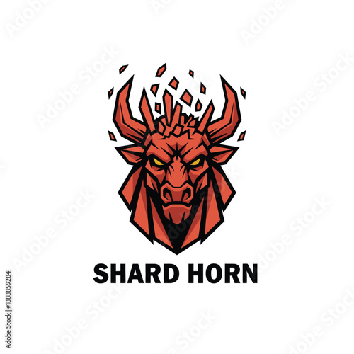 Red bull head with exploding crystal shards for esports mascot or aggressive gym branding, featuring the bold text SHARD HORN at the bottom
