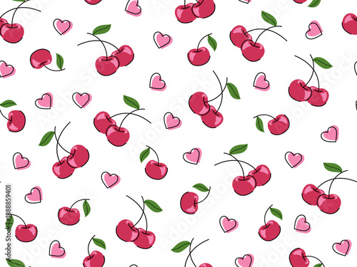 Cherries and hearts seamless pattern. Sweet romantic pattern for Valentine's Day. Repeating berry vector background.