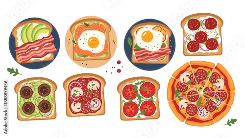 Various tasty toast combinations with toppings like avocado, egg, salmon, and tomatoes alongside a whole mushroom and olive pizza.