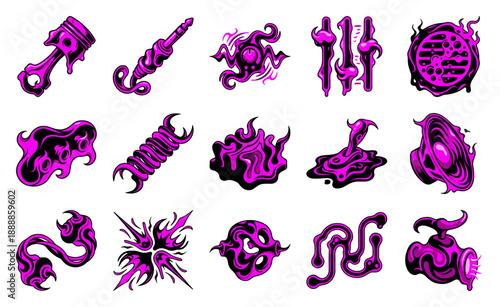 Bio-Organic Industrial Grunge Element Kit with Melting Mechanical Hardware for Cyberpunk Graphic Design