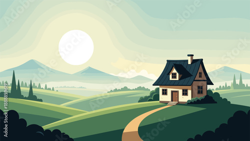 Scenic landscape of a small cozy house nestled in green rolling hills with mountains in the background under a soft morning sun.