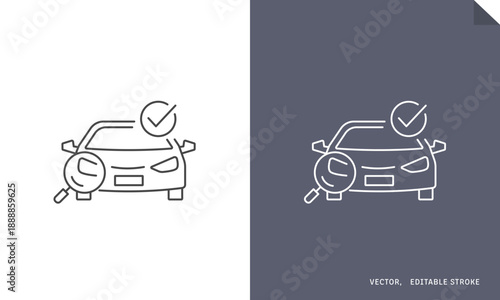 車検、自動車整備、売却査定のベクター線画アイコン。車と虫眼鏡とチェックマーク。Outline, Editable stroke