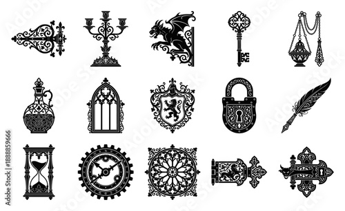 Gothic Woodcut Medieval Alchemy Elements Graphic Set for Fantasy World Building and Dark Academia Design