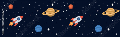 Horizontal copy space seamless pattern with planets and spaceship