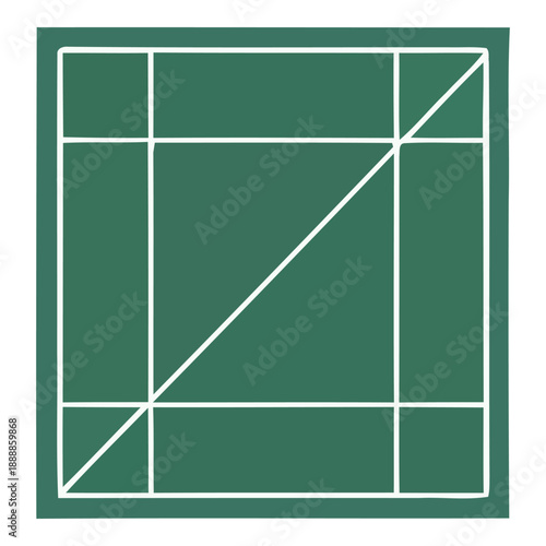 Overhead view illustration of a meticulously lined sports court, showcasing the distinct playing zones and service boxes with a sharp, clean geometric aesthetic on a vibrant green surface