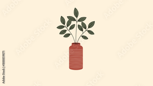 Modern minimalist illustration of a brown textured ceramic vase holding a single green leafy branch against a pale background.