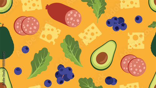 Colorful seamless pattern featuring healthy ketogenic diet ingredients like avocado, cheese, salami, and blueberries on orange.