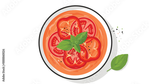 Top-down view of a fresh bowl of tomato soup garnished with sliced peppers, tomatoes, and aromatic green basil leaves.