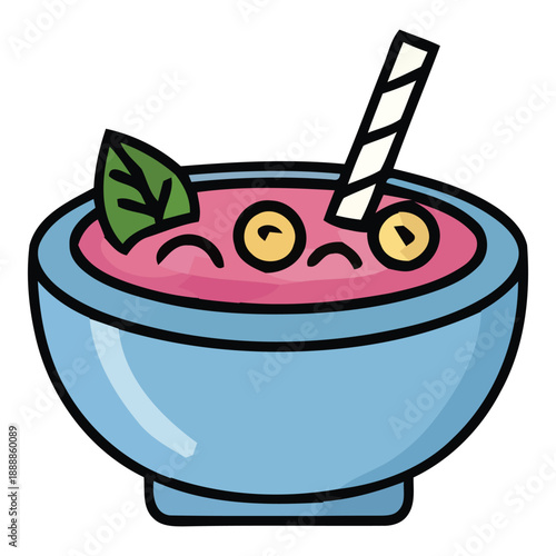 Whimsical Illustration of a Delicious Pink Smoothie Bowl Garnished with Fresh Fruit and a Mint Leaf