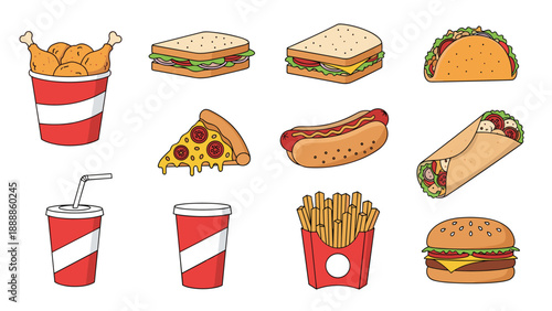 Extensive collection of fast food icons including burgers, pizza, tacos, fried chicken, and soft drinks for menu design.