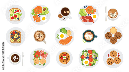 Comprehensive set of breakfast and brunch food items including pancakes, salad, eggs, coffee, and various healthy snacks.