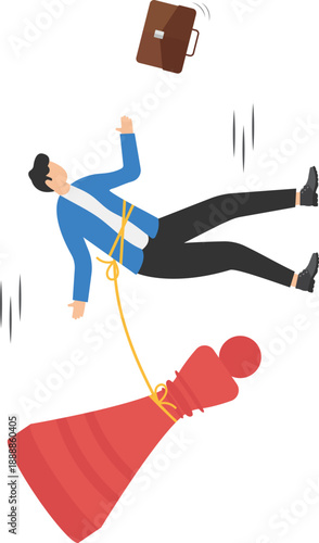 Extreme Business Failure Concept with Professional Falling from Height Tethered to Chess King