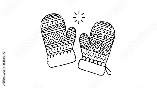 Charming black and white line drawing of a pair of cozy winter mittens decorated with traditional geometric folk patterns.