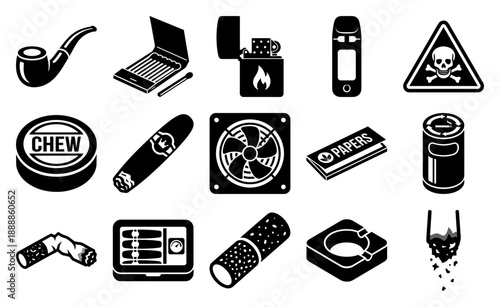 Minimalist Black Silhouette Smoking and Tobacco Accessories Graphic Asset Sheet for Addiction Prevention Media
