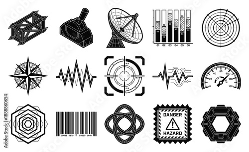 Black and White Isometric Technical Illustrations Graphic Set for Sci-Fi Interface and Aerospace Schematics