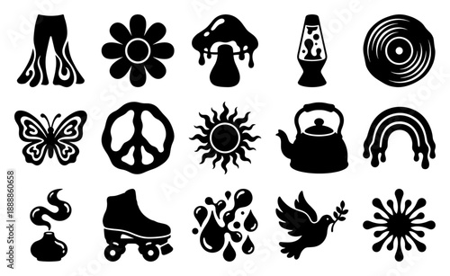Groovy 70s Retro Aesthetic Black Silhouette Element Kit for Nostalgic Hippie Culture Graphics