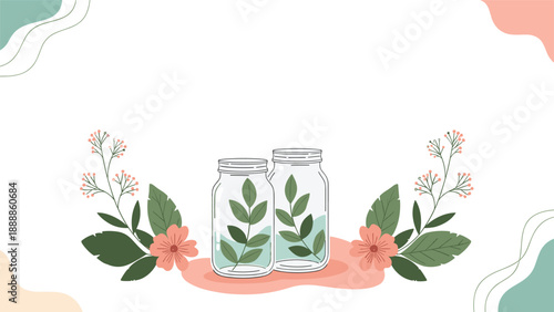 Aesthetic floral background featuring glass jars with green branches surrounded by pink flowers and abstract pastel shapes.