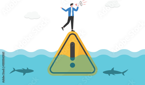 Stability in Danger Concept with Professional Standing on Warning Sign in Shark Infested Sea