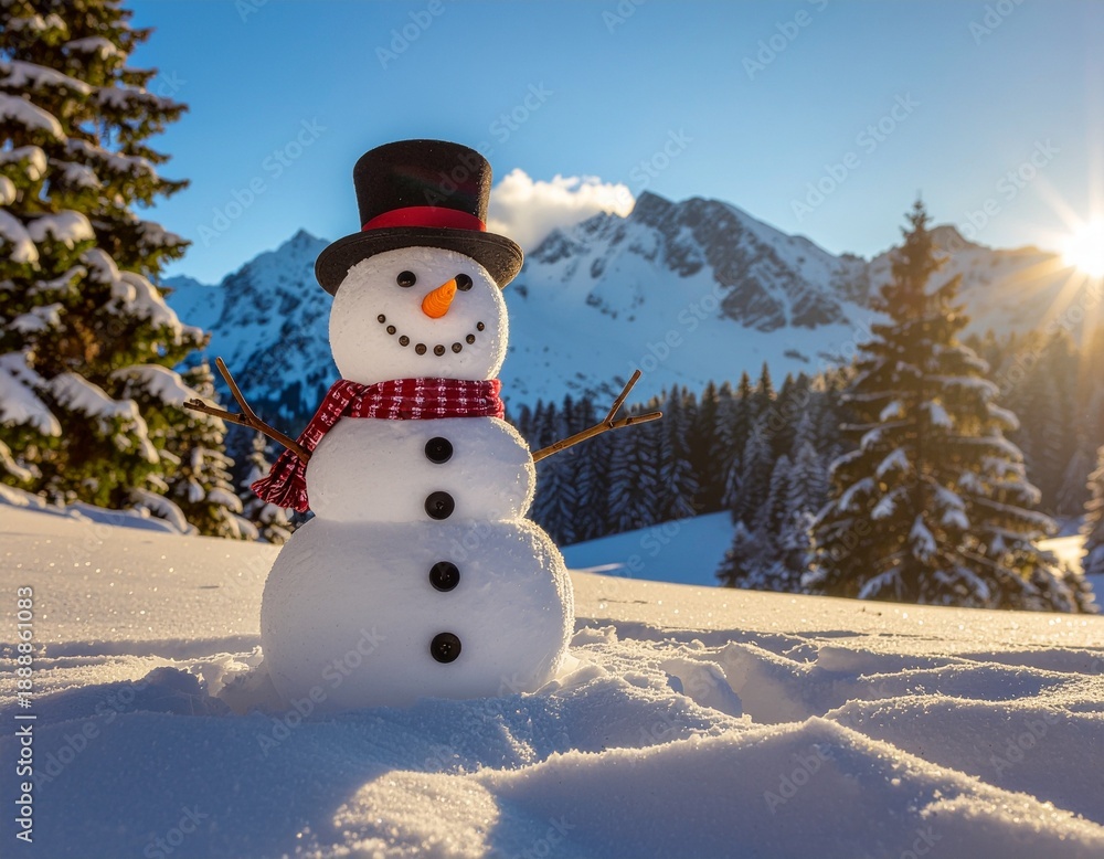 Naklejka premium Snowman in a winter landscape