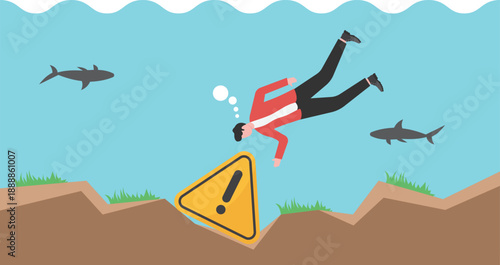 Business Failure Concept with Professional Drowning in Deep Sea with Sinking Warning Sign