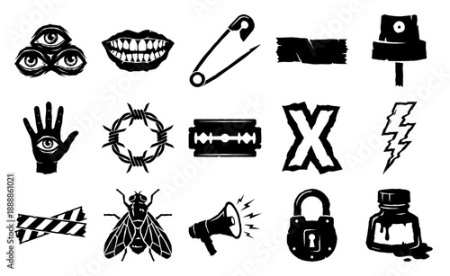 Gritty Underground Punk Aesthetic Graphic Element Kit for Alternative Streetwear and Edgy Zine Design