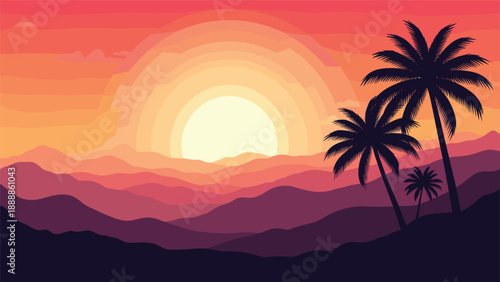 Breathtaking tropical island sunset with vibrant orange sky, purple mountain silhouettes, and dark palm tree outlines.