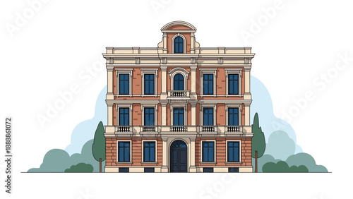 Grand historic mansion architectural illustration with classic brickwork, many windows, and manicured green trees around.