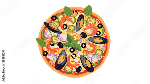 Gourmet seafood pizza illustration topped with fresh mussels, prawns, olives, onions, and basil on a light background.