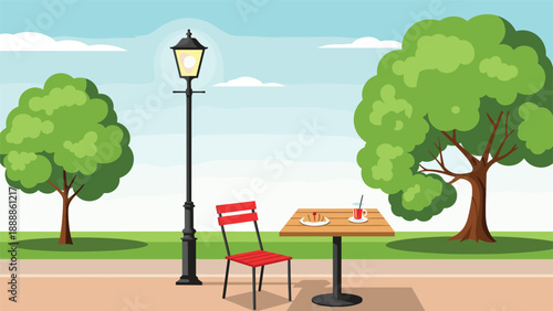 Peaceful outdoor cafe scene in a green park with a red chair, a wooden table, and a snack under a warm street lamp.