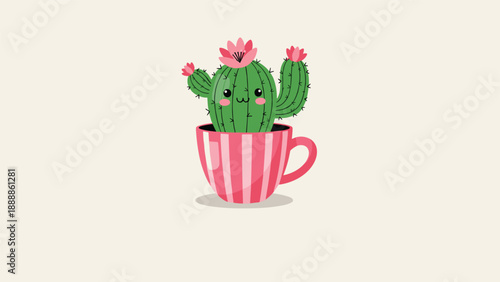 Cute kawaii-style cactus character with a smiling face and pink flowers sitting in a pink striped mug on a light base.