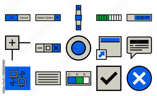 Flat Vector Retro Computer User Interface Element Kit for Vintage Operating System Software Design