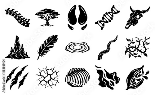 Woodcut Style African Savanna Nature Elements Kit for Wilderness Exploration and Tribal Archeology Themes