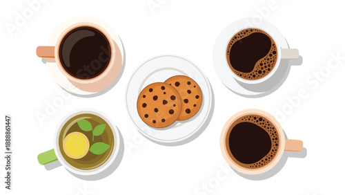 Overhead view of three cups of black coffee, one cup of herbal tea with lemon, and a plate of two chocolate chip cookies on a white surface.