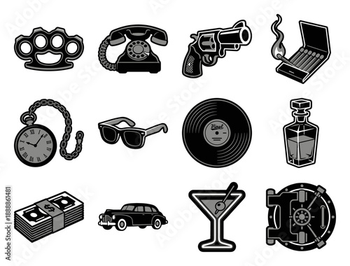 Retro Noir Film Graphic Element Kit for Vintage Gangster and Hardboiled Detective Designs