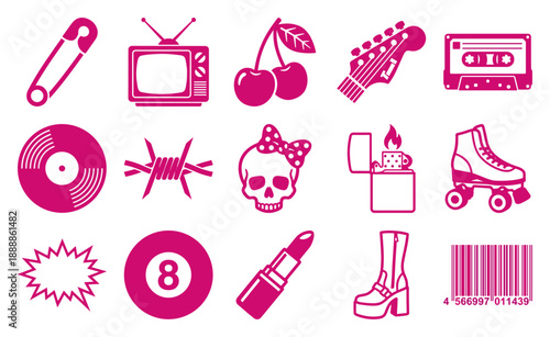 Retro Y2K Aesthetic Pink Vector Icon Set for Indie Pop and Alternative Design Graphics