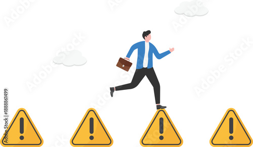 Step by Step Risk Assessment Concept with Professional Walking on Path of Warning Signs