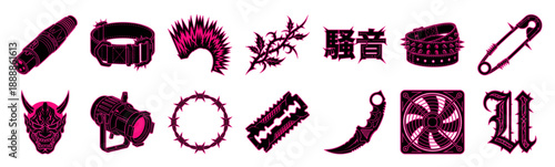 Cyberpunk Neo-Noir Edgy Vector Element Kit for Grungy Underground Fashion and Industrial Streetwear Graphic Design