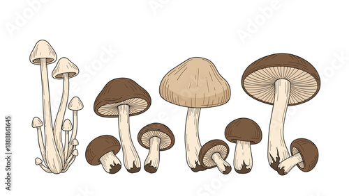 Detailed botanical illustration of different species of wild mushrooms with various shapes and brown tones arranged in a row on white.
