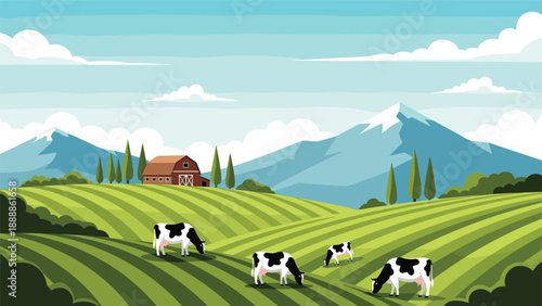 Picturesque farm landscape featuring black and white cows grazing on green terraced hills with a classic red barn and snowy mountains.