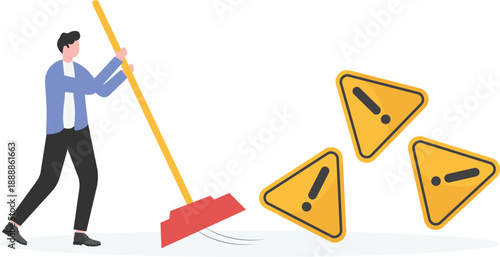 Risk Management Cleanup Concept with Professional Sweeping Away Broken Warning Sign Symbols