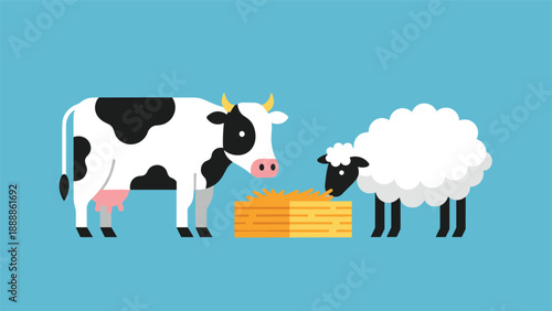 Cute flat illustration of a black and white cow and a fluffy white sheep eating yellow hay together from a trough on a blue background.