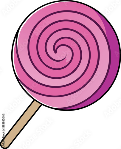 Cartoon illustration depicting a classic round pink swirl lollipop candy on a wooden stick isolated against a white background symbolizing childhood treats and sugary confectionary delights.