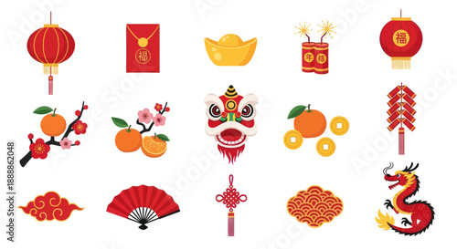 Chinese New Year Icons: Lanterns, Dragon, Oranges, Envelopes, Firecrackers, Fan
