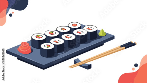 Isometric view of a sushi set featuring multiple rolls, pickled ginger, a dollop of wasabi, and a pair of chopsticks on a dark plate.