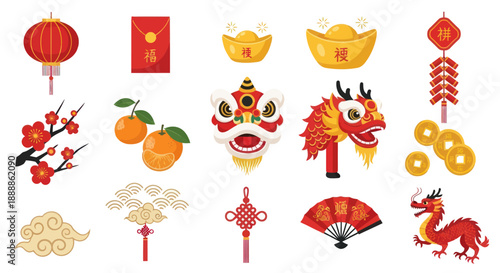 Chinese New Year Symbols Collection: Dragon, Lantern, Red Envelope, Firecrackers, Lucky Charms