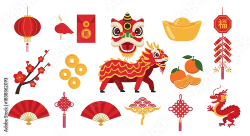 Chinese New Year celebration icons: dragon, lion dance, lantern, coins, red envelope, firecrackers
