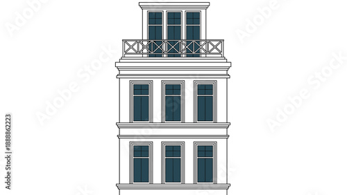Elegant three-story white building facade with dark blue windows and a rooftop balcony against a plain white background.