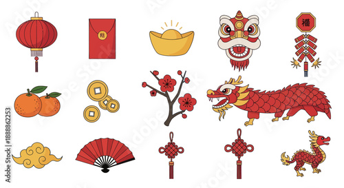 Chinese New Year Icons: Dragon, Lantern, Red Envelope, Firecrackers, Plum Blossom, Gold