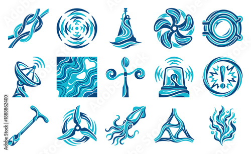 Stylized Woodcut Maritime and Marine Technology Element Kit for Nautical Science and Oceanic Research Graphics